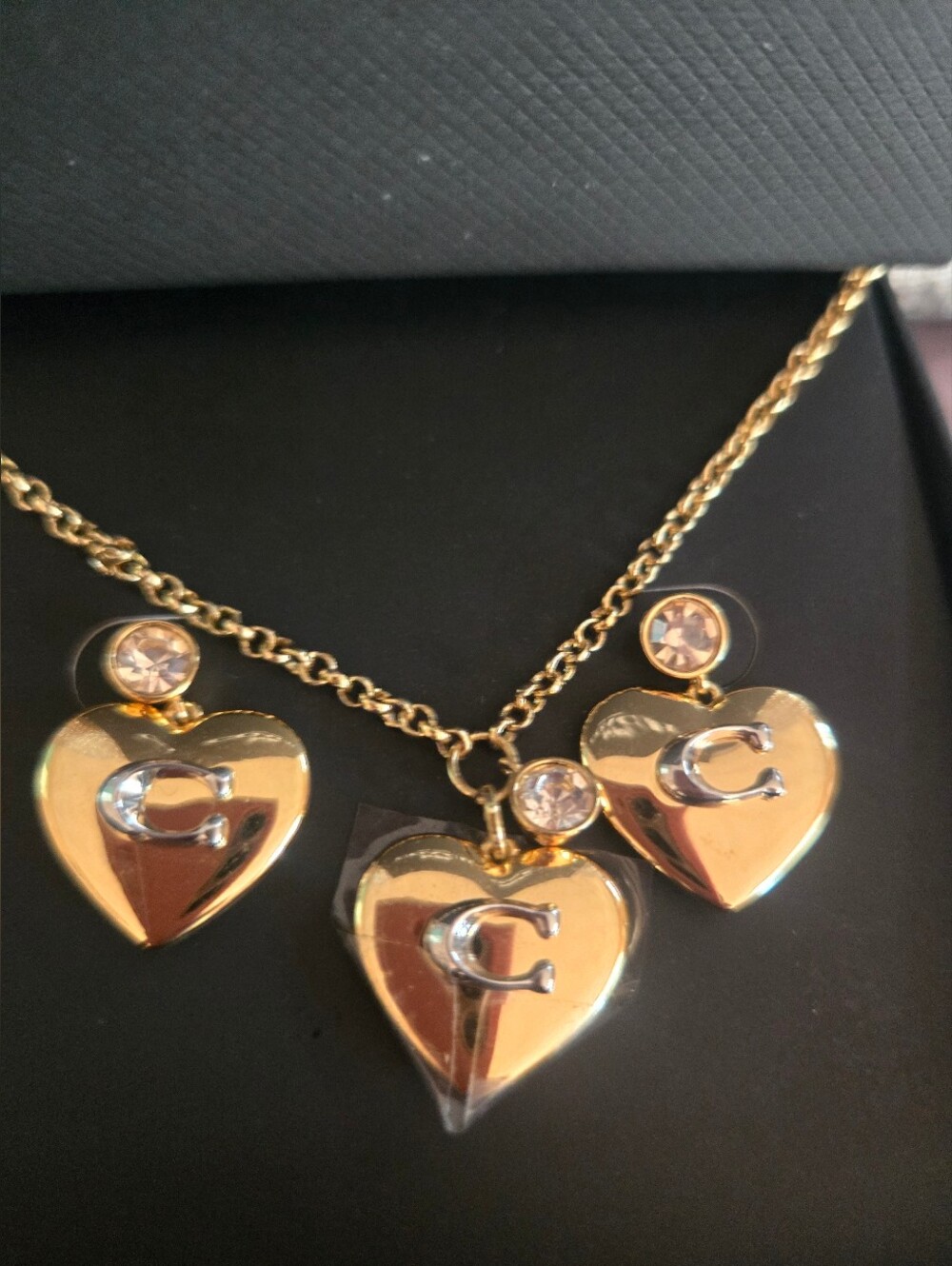 COACH Gold Heart Pendant Necklace and Earrings Set with Crystals